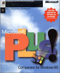 Microsoft Plus のパッケージ写真。外箱は青空の背景に 赤、黄、緑、青の Windows のロゴと同じ色で Plus の大きい文字が印刷されていた