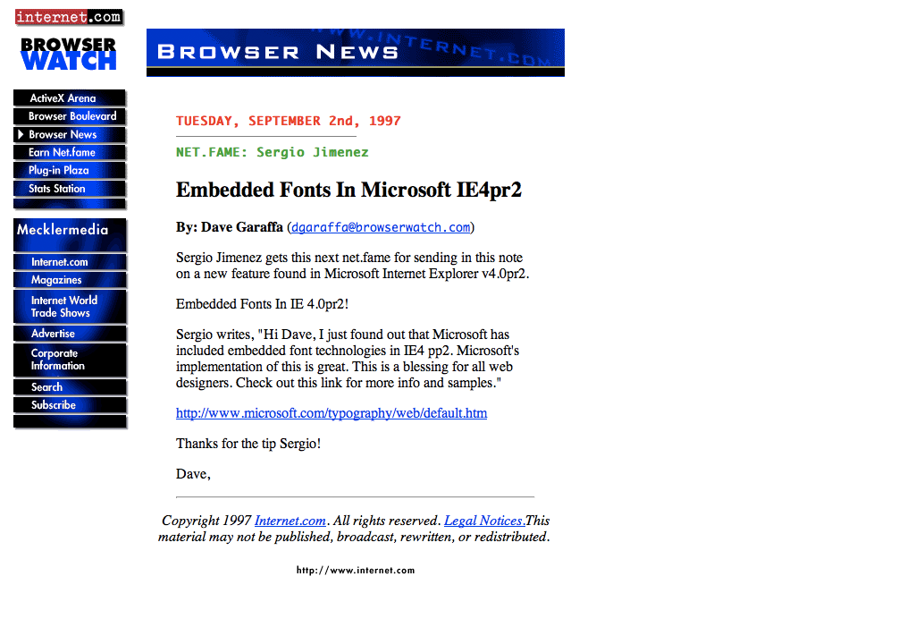 過去にあったページ「Embedded Fonts In Microsoft IE4pr2」 のキャプチャ画像